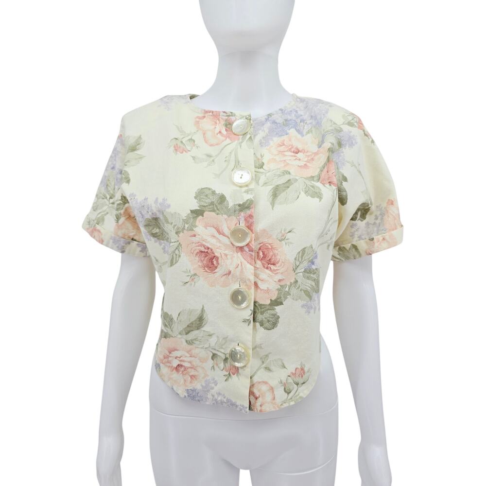 Vintage 80's Grandmacore Cropped Button Up Top Cream Pink M